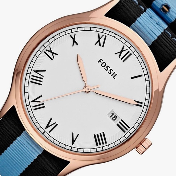 FOSSIL Rose Gold-Tone Steel Watch Blue Two-Tone Nylon Band FS4802 - Picture 3 of 4